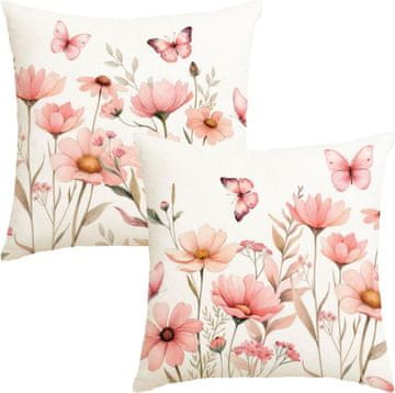 Nikcorp Ukrasne jastučnice za jastuk 50x50 cm set 2 kom cvjetni proljetni motiv bijelo-ružičaste poliester s teksturom lana skriveni patentni zatvarač za dnevni boravak spavaću sobu terasu balkon
