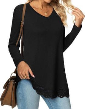 Nikcorp Ženska tunika s dugim rukavom i V-izrezom, čipkasti donji rub, elegantna casual bluza od ultra-soft materijala prijateljskog prema koži, za posao i vikend, višesezonska, crna, veličina S