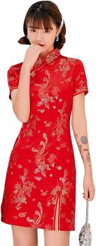 Nikcorp Elegantna koktel haljina Qipao cheongsam pripijen kroj mandarin ovratnik kratki rukavi bočni prorezi cvjetni uzorak sa zmajem poliester elastična crvena veličina 42 EU za svečane prigode