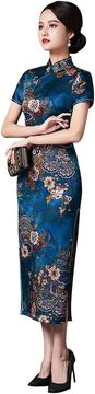 Nikcorp Ženska tradicionalna kineska midi haljina Qipao Cheongsam od poliesterskog satena, slim fit, mandarin ovratnik, kratki rukav, prorez sa strane, za svečane prigode i zabave, tamnoplava, 42 EU
