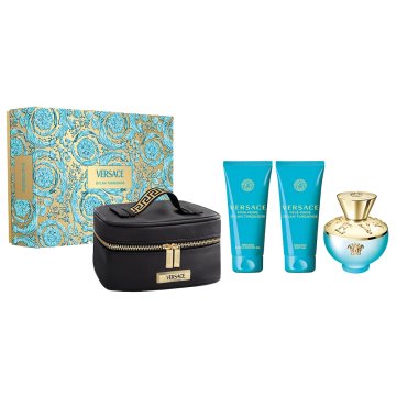 Versace Dylan Turquoise Pour Femme set toaletna voda sprej 100 ml + gel za tuširanje 100 ml + gel za tijelo 100 ml + kozmetička torbica