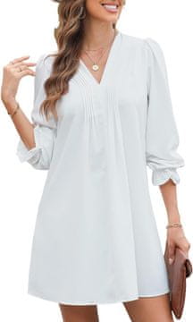 Nikcorp Haljina ženska midi bijela s volanima i V-izrezom, XL, A-kroj, plisirana, dugi rukav lantern, meka svilenkasta tkanina otporna na gužvanje, casual elegantna za sve godišnje doba