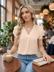 Nikcorp Elegantna ženska bluza s V-izrezom od šifona, prozračna, business casual stil, kratki rukav, volani, 100% poliester, otporna na gužvanje, za ured, proljeće, ljeto i večernje izlaske, bež, XL
