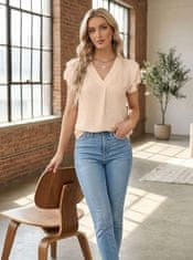 Nikcorp Elegantna ženska bluza s V-izrezom od šifona, prozračna, business casual stil, kratki rukav, volani, 100% poliester, otporna na gužvanje, za ured, proljeće, ljeto i večernje izlaske, bež, XL