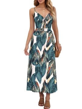 Nikcorp Ženska ljetna maxi haljina plus size 3XL s V-izrezom i dekorativnim čvorom, podesive naramenice, bočni džepovi, prozračan elastičan pleteni materijal, casual stil za svakodnevicu i posebne prigode