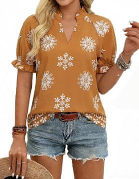 Nikcorp Ženska bluza tunika od pamuka boho stil cvjetni uzorak smeđa V-izrez s ovratnikom kratki rukav veličina S prozračan pamuk otporna na blijeđenje pranje do 30°C za ured i slobodno vrijeme