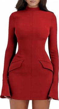 Nikcorp Ženska uska mini haljina bodycon s visokim ovratnikom i proširenim rukavima, elastična od poliestera i elastana, skriveni patentni zatvarač na leđima, dva ukrasna džepa, crvena, veličina S