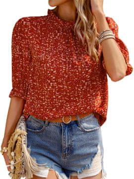 Nikcorp Ženska bluza Boho tunika s cvjetnim uzorkom ljetna elegantna prozračna od lagane tkanine kratki rukavi s volanima stojeći ovratnik otvor suza na leđima casual chic crvena veličina S