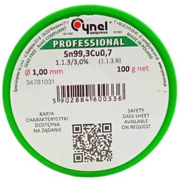 Cynel Lem bez olova s fluksom Sn99.3Cu0.7-1.1.3/3.0% Ø 1.00 100 g (Cu1) za ručno i automatsko meko lemljenje, kolofonij i kositar