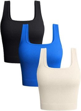Nikcorp Set 3 ženskih sportskih crop topova bez šavova, rebrasti, za jogu i teretanu, 90% najlon, 10% spandex, odvodi vlagu, elastični, okrugli izrez, boje: crna, plava, bež, veličina S