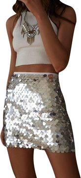 Nikcorp Mini suknja s šljokicama srebrna L bodycon visoki struk za zabavu i večeri, bleštava, 95% poliester 5% elastan, potpuna podstava, diskretni patentni zatvarač, iznad koljena, prozračna