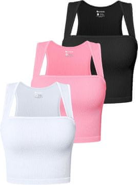 Nikcorp Ženski tank top set od 3 komada bez šavova, četvrtasti izrez, 90% najlon 10% spandex, visoka elastičnost, prozračan, za fitness, teretanu, svakodnevno i kod kuće, crna, bijela, ružičasta, veličina S