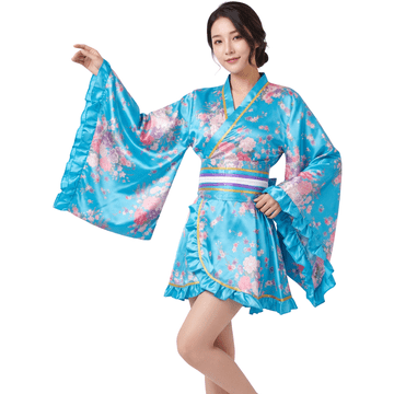 Nikcorp Ženski kimono ogrtač tradicionalni japanski yukata cosplay plavi univerzalni One Size satenski od poliesterskog satena opseg prsa 98 cm podesivi struk, lagan, mekan za fotografiranje, poklon