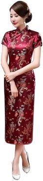 Nikcorp Duga večernja haljina Qipao crvena tradicionalna kineska bodycon s uzorkom cvjetova šljive i stojećim ovratnikom, kratki rukav, poliester, 34 EU, za vjenčanja i svečane prilike
