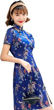 Nikcorp Koktel haljina Qipao cheongsam tradicionalna kineska s motivom zmaja i cvjetnim uzorkom plava elegantna slim fit mandarin ovratnik kratki rukav bočni prorezi poliester prozračna 40 EU