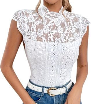 Nikcorp Ženska bluza čipkana elegantna prozirna s kratkim rukavom V-izrez bijela S M L XL, mekan elastičan materijal, prozračna i brzosušeća, za zabavu, spoj i festival, savršena uz farmerke i suknje
