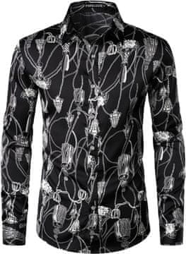Nikcorp Muška satenska košulja Slim Fit crna veličina M uzorkana elegantna hipster streetwear stil dugi rukav s manšetama na gumbe sintetički saten elastična za zabave i koncerte