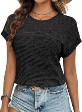 Nikcorp Ženska čipkasta bluza kratki rukav cap sleeve prozračna opuštenog kroja Relaxed Fit od mekane pletenine waffle strukture okrugli izrez Crew Neck za svakodnevne i poslovne kombinacije crna veličina S