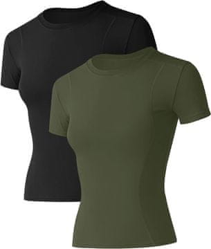 Nikcorp Ženska sportska majica kratkih rukava, set 2 kom, bez šavova, brzo se suši, odvodi vlagu, kompresijski kroj, 85% poliester 15% spandex, za teretanu, jogu, pilates, trčanje, zelena crna, S