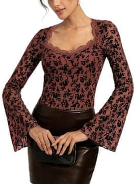 Nikcorp Ženska elegantna bluza od prozirnog mesha s dugim rukavima Y2K stil smeđa M okrugli izrez prilagođen kroj naglašava siluetu 68% poliester 24% najlon 8% spandex za zabave i večernje izlaske