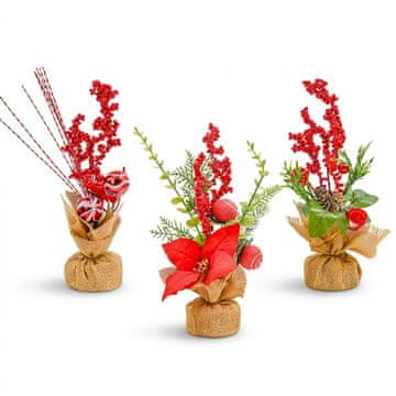 Nikcorp Set 3 umjetna mini božićna bora 30 cm zeleno-crvena božićna dekoracija za stol s crvenim bobicama, šišarkama i listovima poinsetije, od plastike i tkanine, za ured, dnevni boravak i kamin