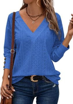 Nikcorp Ženska elegantna plava bluza s dugim rukavom od čipke, dekolte V, vez i prozirni umetci, gumbi na manžetama, opušten kroj, 95% poliester 5% elastan, XL, za ured i večernji izlazak