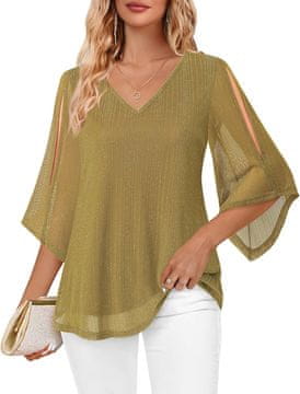 Nikcorp Ženska ljetna tunika s V-izrezom Henley i cvjetnim uzorkom, prozračna, lagana, elegantna, high-low kroj, rukavi 3/4, dvoslojna s efektom flow, za proljeće, ljeto i jesen, zelena, veličina M