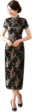 Nikcorp Elegantna ženska haljina Cheongsam Qipao Chinese Traditional crna s vezenim motivom zmaja, kratki rukav, slim fit bodycon, poliester, stojeći ovratnik Mandarin, retro istočnjački stil, 32 EU