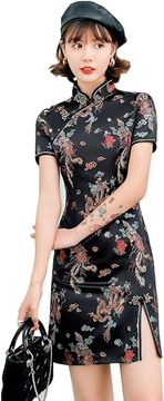 Nikcorp Mini haljina Cheongsam tradicionalna kineska qipao bodycon crna s ovratnikom Mandarin, bočni rezovi, elastični poliester, print zmaja i cvijeća, veličina 40 EU, za svečano i svakodnevno nošenje