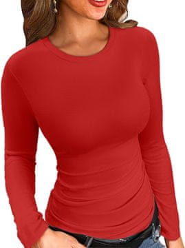 Nikcorp Ženska bluza dugih rukava Slim Fit, pletena, prianjajuća i mekana, elegantna, okrugli izrez (Crew Neck), pranje u perilici, ne zahtijeva peglanje, za ured i casual, crvena, L