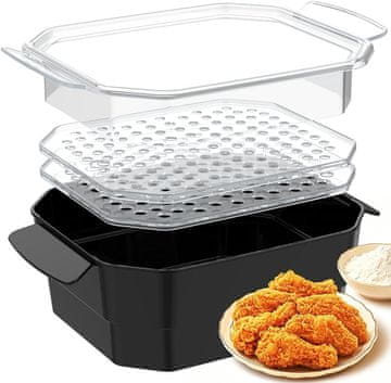 Nikcorp Posuda za paniranje XL crna s prozirnim poklopcem i sustavom sita 2 kom, plastika za kontakt s hranom, 32,3 x 37,8 x 12,2 cm, ergonomska ručka, za piletinu i ribu, pranje u perilici posuđa