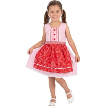 Nikcorp Djevojačka haljina Dirndl tradicionalna bavarska 100% pamuk ružičasto-crvena 116 cm jednodijelna s ugrađenom keceljom i ukrasnim gumbima u obliku srca, kopče na leđima, za obiteljske svečanosti