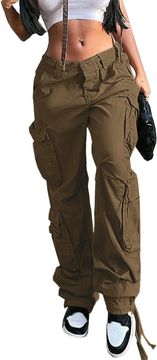 Nikcorp Ženske cargo baggy hlače Y2K široke nogavice visoki struk moderne udobne s višefunkcijskim bočnim džepovima od tkanine s elastanom prozračne streetwear stil za grad i kuću smeđe XL