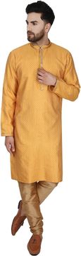 Nikcorp Muški komplet Kurta Pyjama 2 kom žakardna svilena zlatna ručno ukrašen vez indijski stil elegantni za vjenčanja i svečanosti kurta s stojećim ovratnikom i dugim rukavima hlače pyjama s vezicom