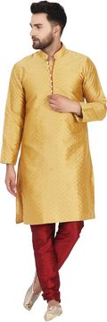 Nikcorp Muški komplet kurta pajama 2 kom, etno svečana elegantna odjeća od Art Silk umjetne svile, mandarin ovratnik, dugi rukav, ručna izrada, zlatna boja, veličina S, za vjenčanja i blagdane
