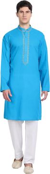 Nikcorp Muški komplet Kurta Pižama od 100% pamuka s vezom tirkizni veličina S dvodijelni set duga košulja kurta i hlače s vezicom mandarin ovratnik ukrasni vez dva bočna džepa za svečane prilike