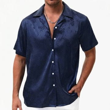 Nikcorp Muška satenska košulja kratkih rukava s žakardnim cvjetnim uzorkom, elegantna svečana, regular fit, 100% poliester, lapel ovratnik, tamnoplava, veličina M, za poslovne sastanke i ljetne večeri