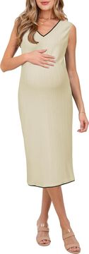 Nikcorp Midi haljina za trudnoću i dojenje bodycon elastična elegantna bež XL V-izrez bez rukava mekana pletenica s uzorkom kontrastni donji dio za baby shower posao i svakodnevno nošenje
