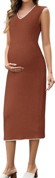 Nikcorp Midi haljina za trudnoću i dojenje, bodycon pripijeni kroj, elastično pletivo s pletenim uzorkom, V-izrez, bez rukava, kontrastna obrada donjeg dijela, crvena, elegantna, za baby shower, veličina S