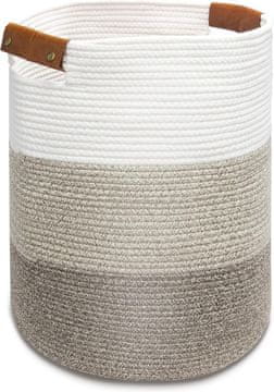 Nikcorp Pletena košara za rublje od pamučnog užeta s kožnim ručkama, sklopiva, bijela smeđa 38x38x50 cm, nosivost do 15 kg, prozračan splet za perionicu i dječju sobu, boho stil