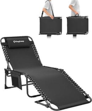 Nikcorp Sklopiva vrtna plažna ležaljka s jastukom 190x59 cm Crna, 5 razina podešavanja naslona, čelični okvir, Oxford 600D vodootporna presvlaka, do 120 kg, 6,4 kg, uklonjivi jastuk i bočni džep