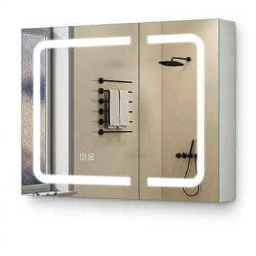 Nikcorp Ormarić za kupaonicu s ogledalom LED 80x60 cm bijeli, osvijetljeni ormarić s Anti-Fog grijanjem, podesiva hladna prirodna topla svjetlost, memorija postavki, kaljeno staklo 5 mm, IP44