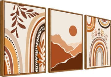 Nikcorp Set 3 slike na platnu Boho geometrijska apstrakcija sunce i planine smeđa 3 kom 50x70 cm digitalni tisak visoke rezolucije drveni okvir PS okvir zaštita od vlage ideja za poklon dnevni boravak