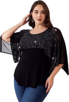 Nikcorp Elegantna ženska bluza Plus Size tunika s čipkom i šljokicama Crna 2XL svečana s poluduljim rukavima od 95% viskoze i 5% elastana za vjenčanje, jubilej, koktel hlače i suknje