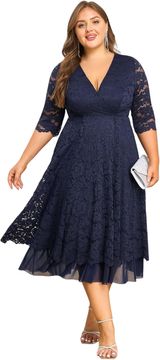 Nikcorp Elegantna koktel haljina od čipke i gaze Tamnoplava Plus Size XL s V izrezom, rukavima 3/4 i naglašenim strukom (empire) za vjenčanja, koktel zabave i mature s patentnim zatvaračem
