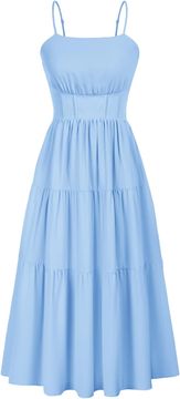 Nikcorp Ljetna ženska midi haljina bez rukava svijetloplava XL boho stil s volanima podesive spaghetti naramenice elastičan nabran struk poliester viskoza casual elegantna za plažu šetnju i večernji izlazak