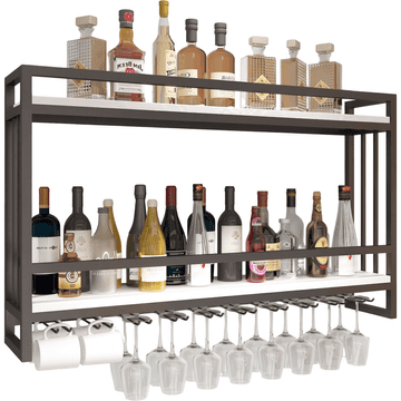 Nikcorp Zidni regal za vino i alkohol metalni nordijski crni 60x20x60 cm od željeza, integrirani držači za čaše, viseća zidna montaža, za dom, dnevni boravak, blagovaonicu, bar i restoran
