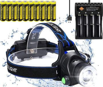 Nikcorp LED svjetiljka za glavu punjiva USB Zoom 18650 2000 lm vodootporna IPX-4 domet do 200 m 3 načina rada (visoka, niska, SOS) set s USB punjačem mekana podstava za trkače planinare kampiranje