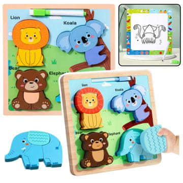 slomart LEAN TOYS 2u1 Drvena Puzzle Divlje Životinje s Pločom za Crtanje