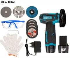 Blow SX01 akumulatorska bežična kutna brusilica, snaga 900 W, motor 19.500 RPM, 2x 18 Wh 12 V 1.5 Ah punjiva baterija, brza zamjena rezne ploče, podesivi štitnik, LED indikator, +dodatna oprema, crno-zelena
